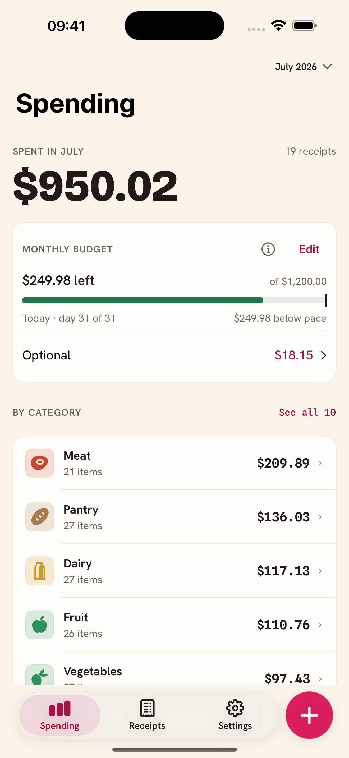 Radish spending screen with an example month of grocery purchases, a monthly budget, and spending by category.